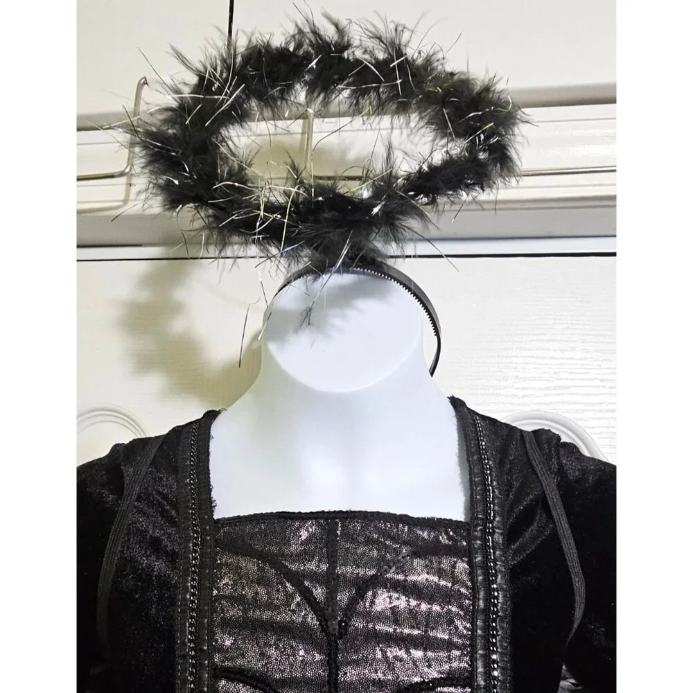 Dark Fallen Gothic Angel Costume Girls 8-10 Witch Dress Wings Halo Black Velvet - Picture 2 of 7